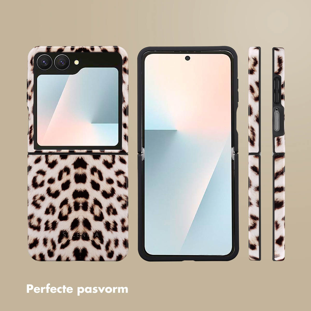 Trois vues d'un téléphone pliable avec étui à imprimé léopard. Le téléphone ouvert est à gauche, fermé au milieu et la vue latérale à droite.