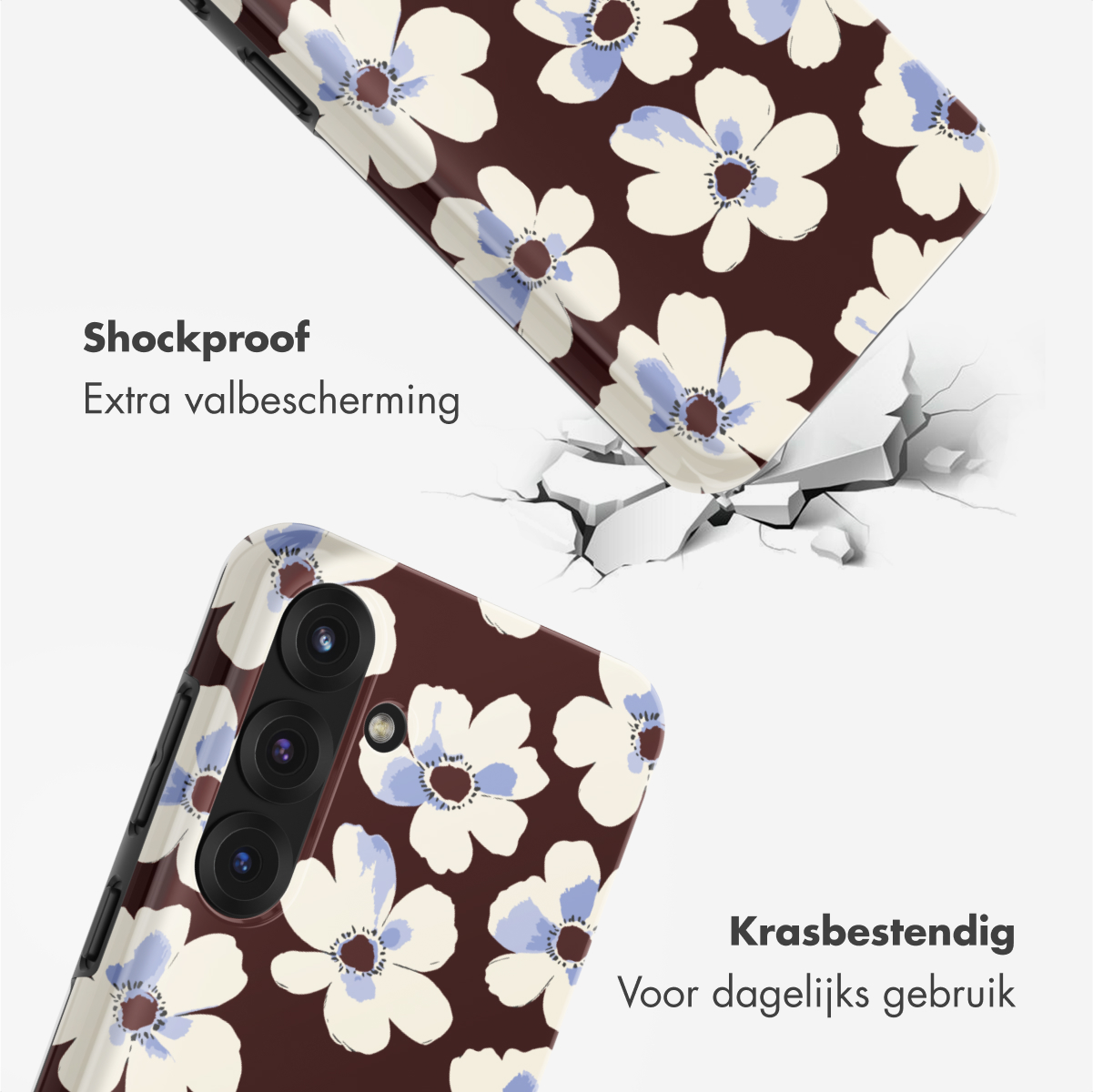 Telefoonhoesjes met bloemenpatroon. Eén hoesje valt en barst het oppervlak. Tekst zegt 'Schokbestendig' en 'Krasbestendig'.