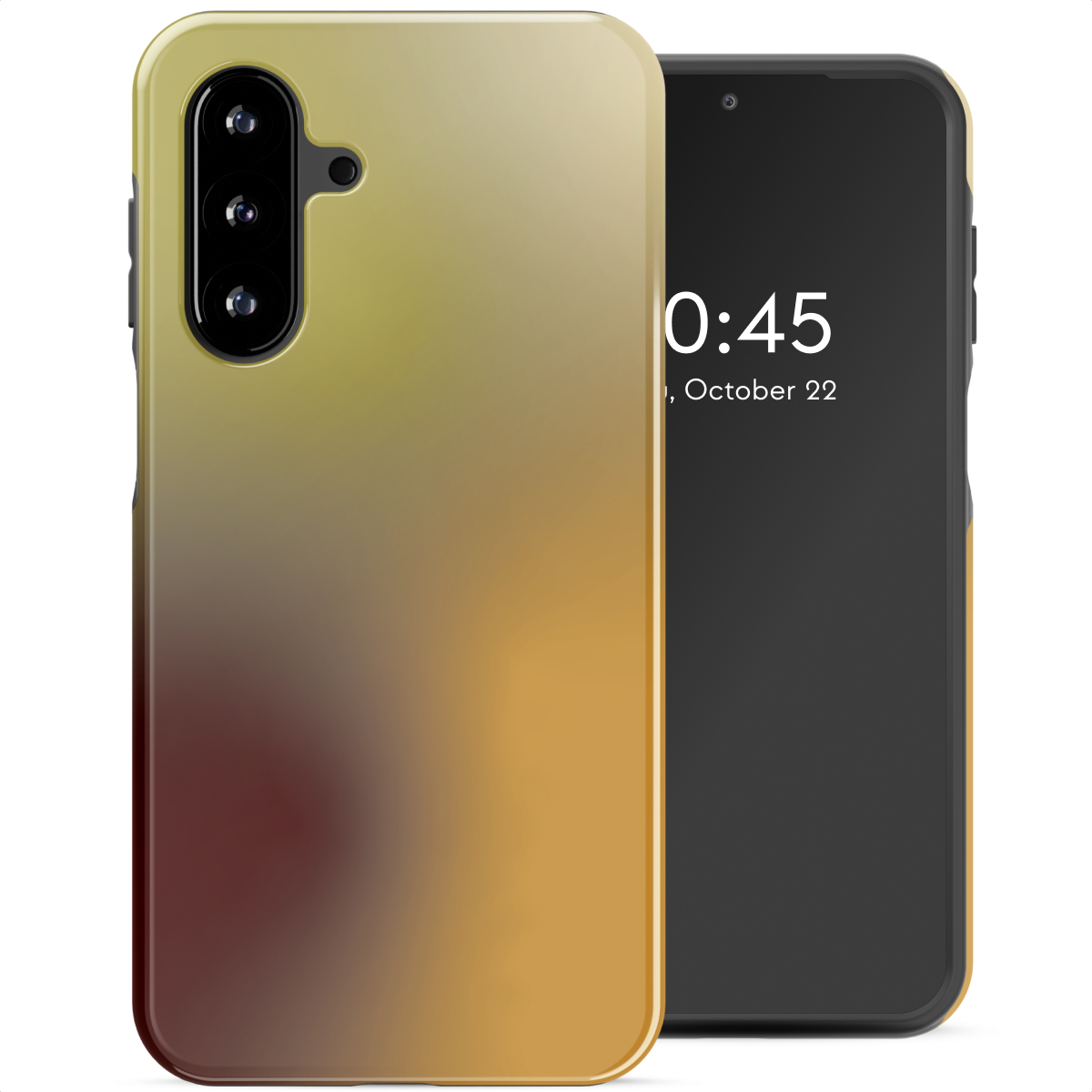 Een smartphone met een gradiënt hoesje, dat de tijd op het scherm weergeeft. De hoes heeft een cameramodule en een glad, kleurrijk ontwerp.