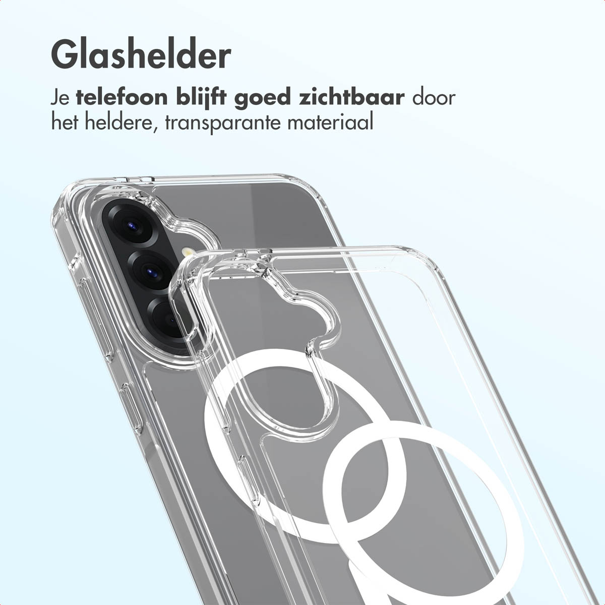 Una custodia trasparente per telefono su un telefono grigio. La custodia ha cerchi bianchi ed è trasparente. Il testo in alto dice 'Glass Clear'.