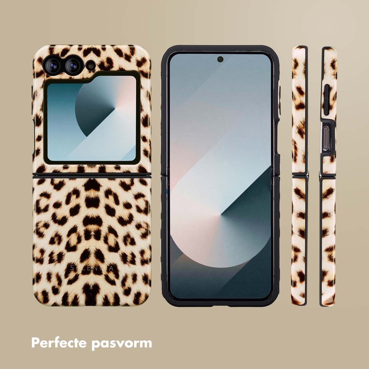 Drie telefoons met luipaardprint hoesjes. Eén open, één gesloten en één zijaanzicht. Beige achtergrond. Tekst onderaan.