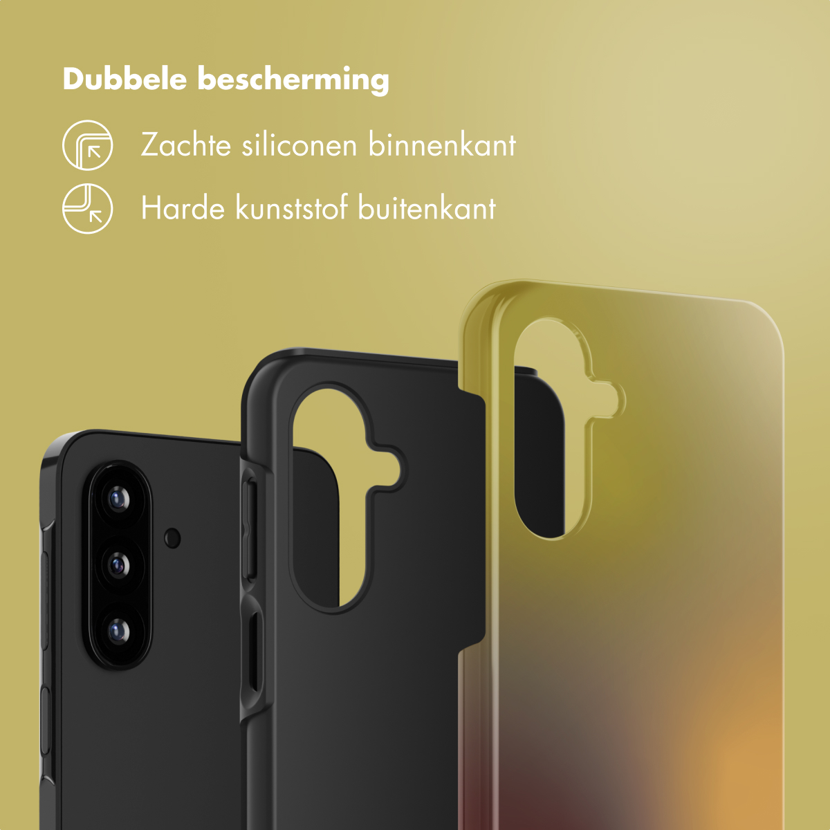 Drie telefoonhoesjes op een rij. De linker is zwart, de middelste is zwart en de rechter is geel met rode en oranje tinten.