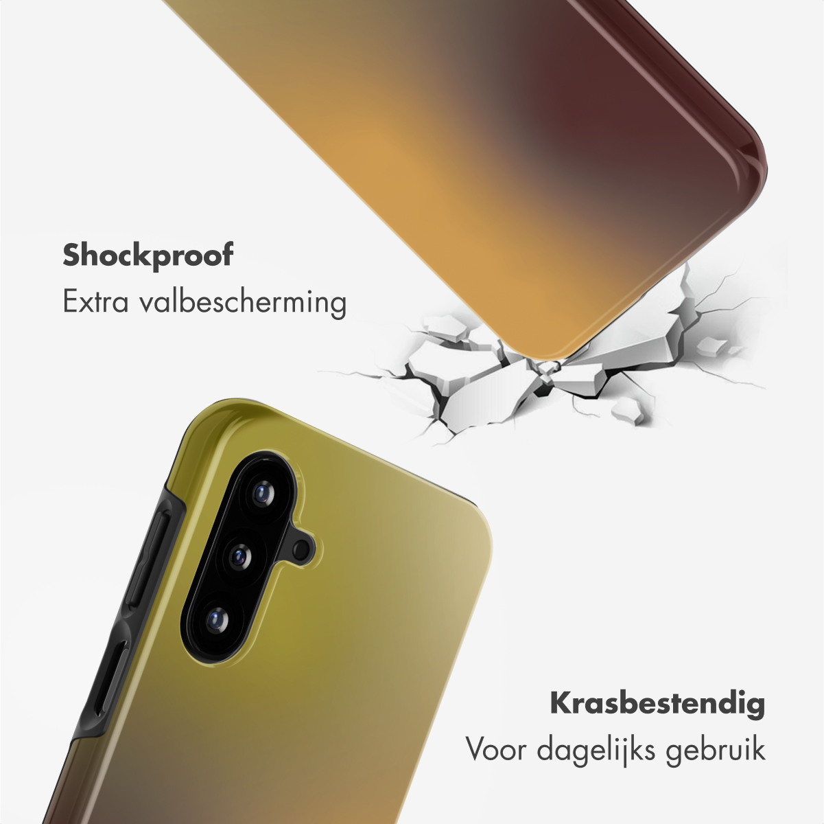 Een telefoonhoesje wordt getoond met een gradiëntontwerp in geel en bruin. Het is gemarkeerd als schokbestendig en krasbestendig, met een gebarsten oppervlak.