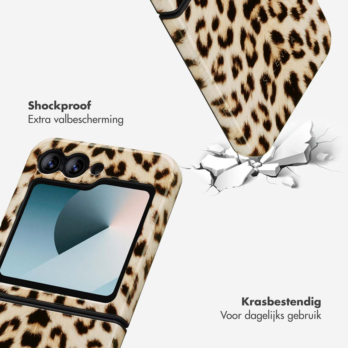 Telefoonhoesje met luipaardprint, die een oppervlak breekt. Tekst: Schokbestendig, Extra valbescherming en Krasbestendig, Voor dagelijks gebruik.