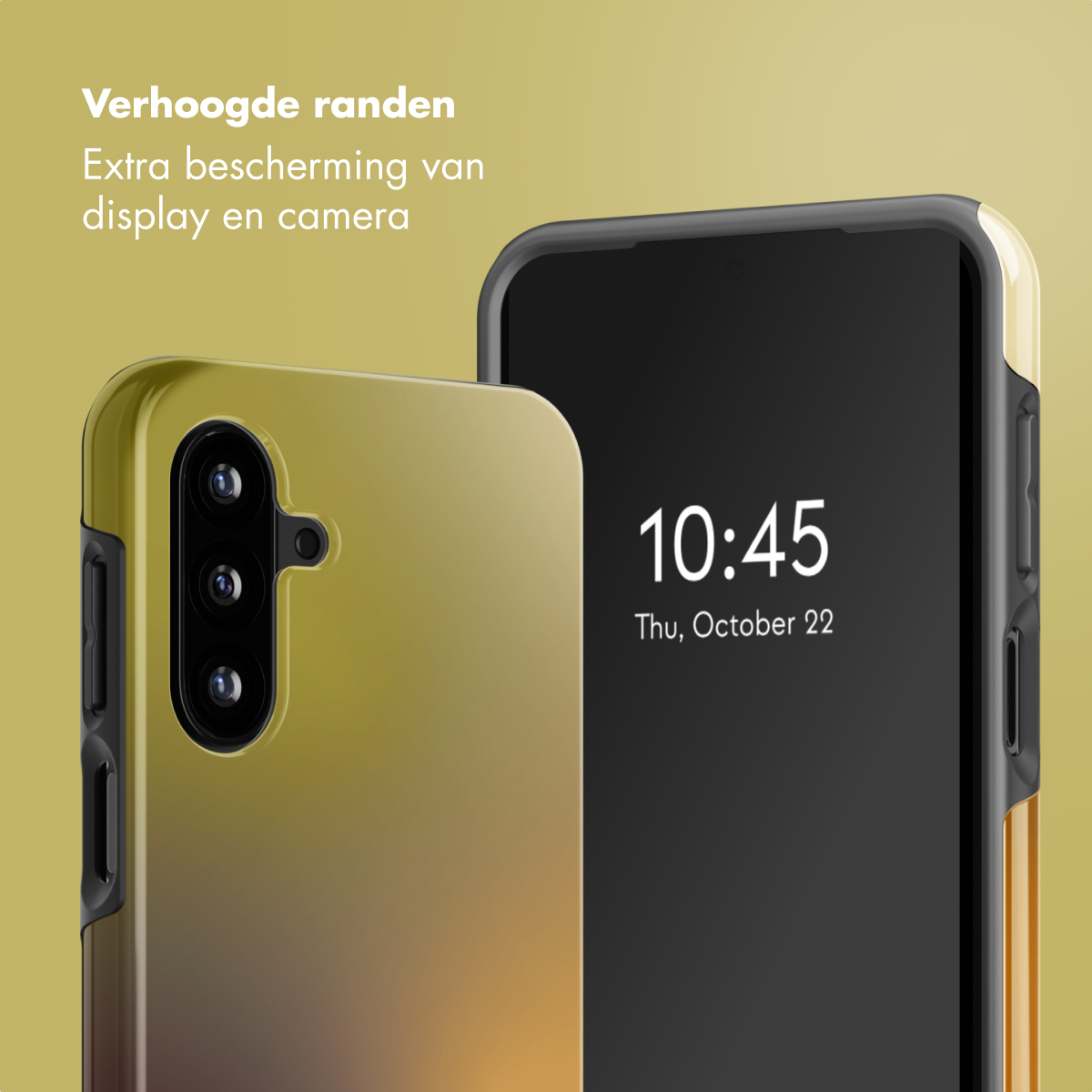 Twee telefoons in beschermhoezen. Eén toont de tijd 10:45, de ander heeft een camera. Tekst zegt 'Extra bescherming'.