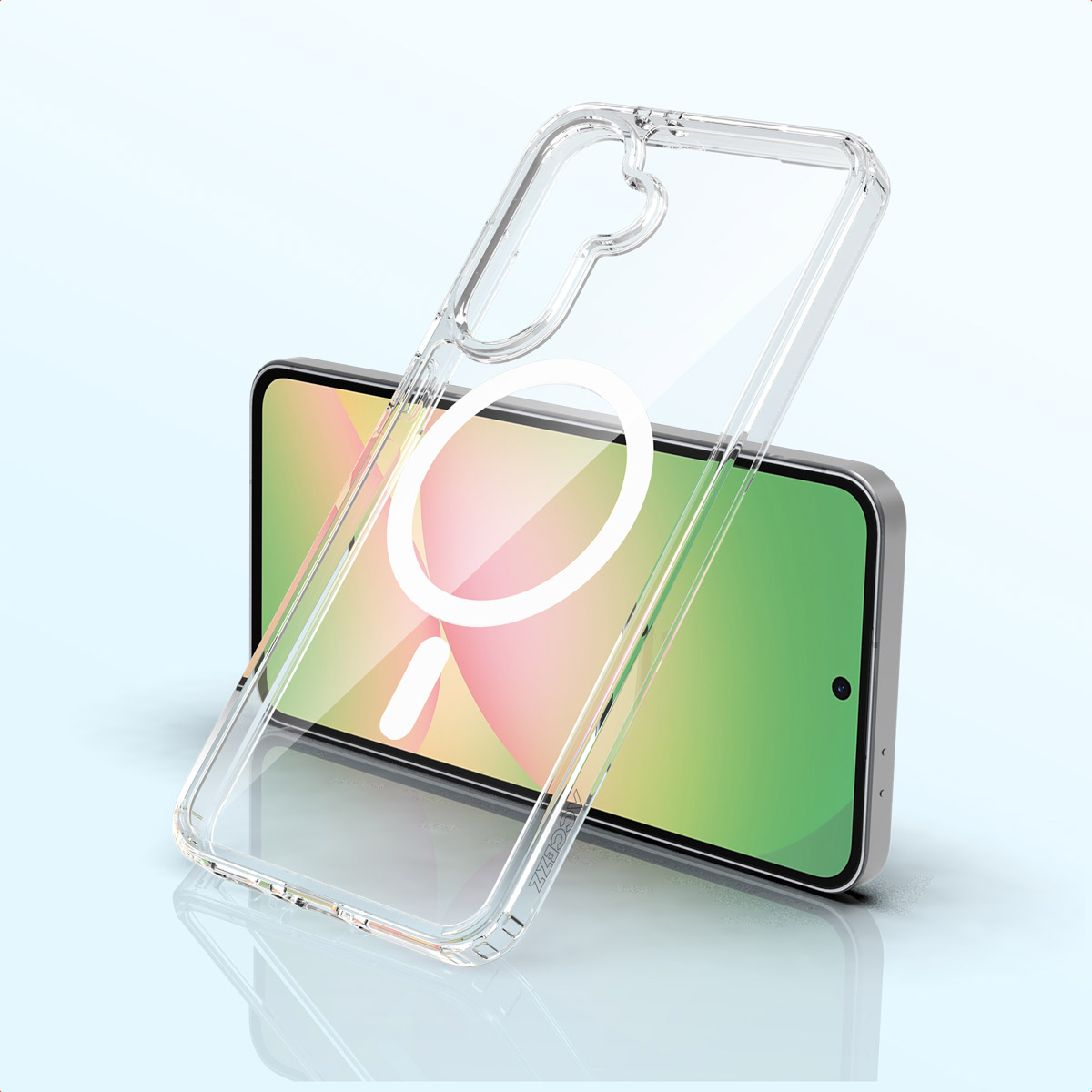 Una custodia trasparente per telefono è posizionata sopra uno smartphone. Il telefono ha un display verde e rosa. La custodia ha un anello bianco.