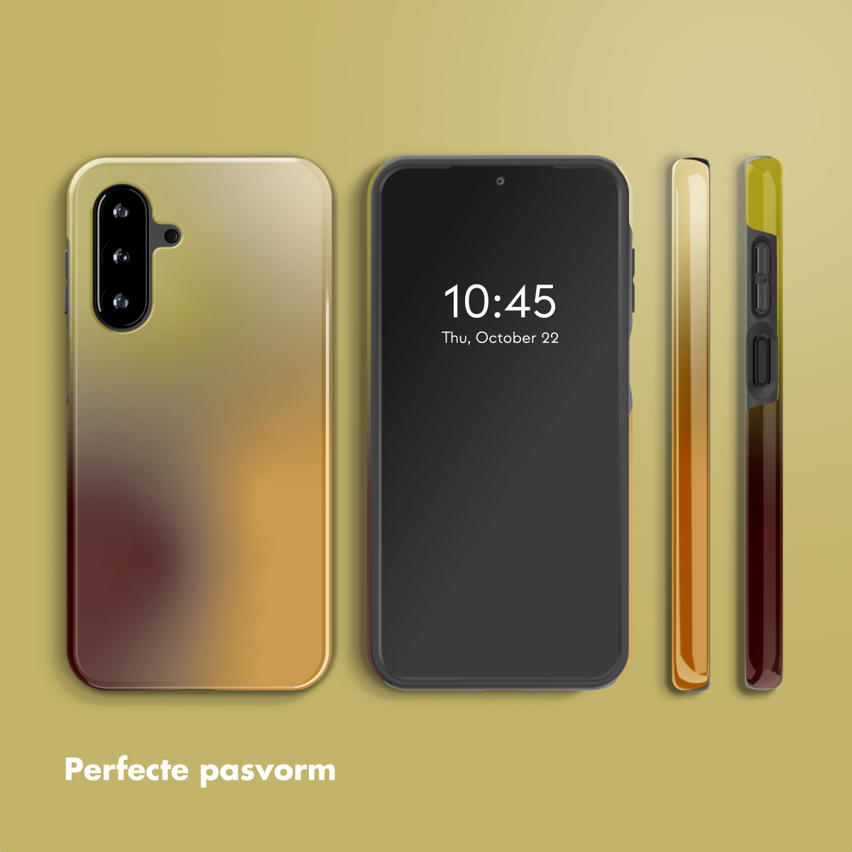 Een smartphone met een gradient telefoonhoesje. Het scherm toont de tijd en datum. Extra hoesjes zijn afgebeeld.