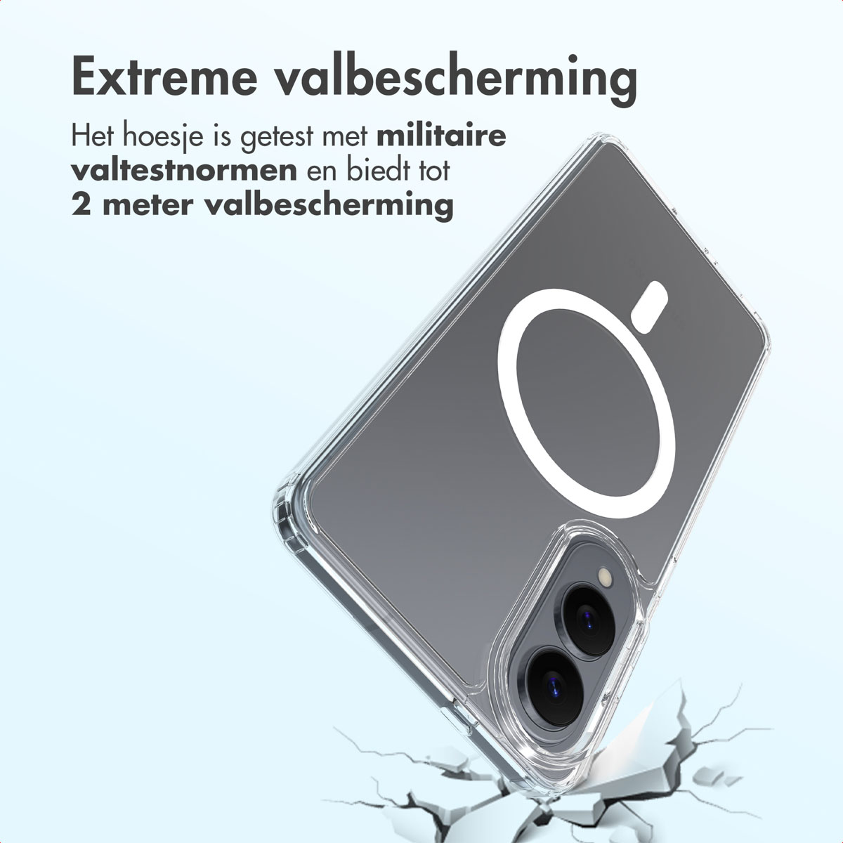 Une coque de téléphone avec un design circulaire à l'arrière est montrée. La coque tombe et frappe le sol, le fissurant.