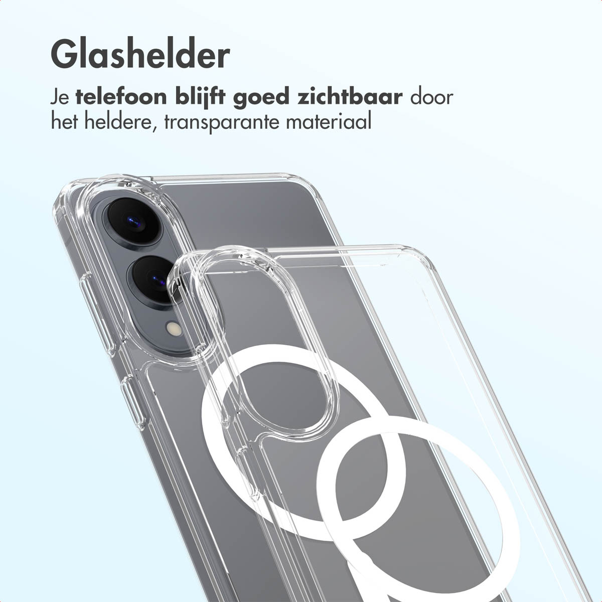 Une coque de téléphone transparente est sur un téléphone. Le texte ci-dessus indique 'Glashelder' et un autre texte faisant la promotion de la coque. La coque a un design en anneau blanc.