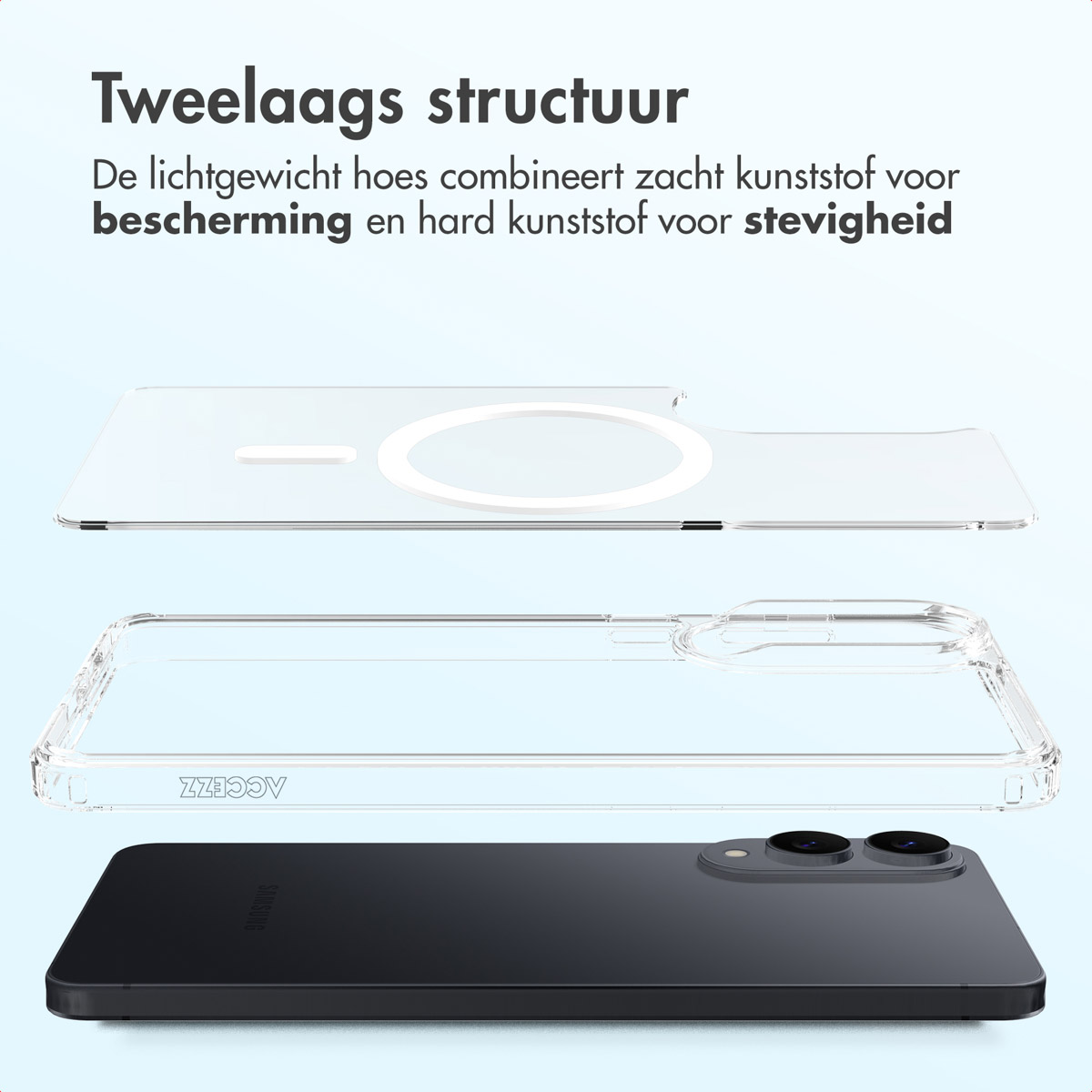L'image montre un téléphone avec deux coques transparentes, une avec un anneau blanc. Texte dit 'Structure à deux couches' et décrit le matériau.