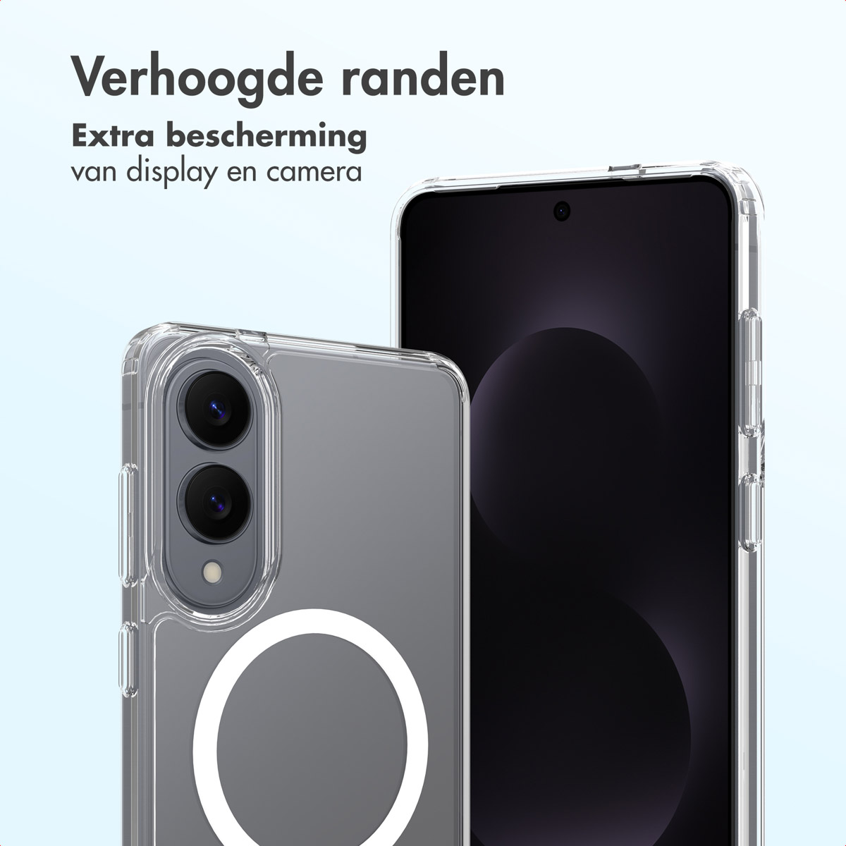 Deux coques de téléphone transparentes. L'une montre des lentilles de caméra et un cercle blanc, l'autre un téléphone avec écran noir. Texte en néerlandais : Protection supplémentaire.