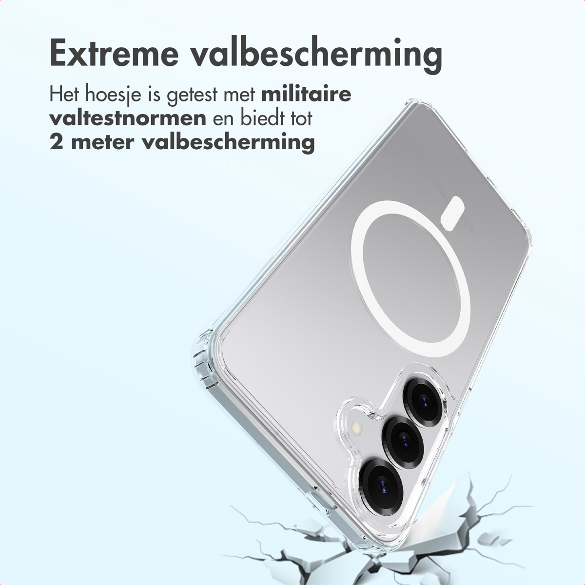 Una custodia trasparente per telefono angolata, che mostra le lenti della fotocamera e un cerchio bianco. Testo: Protezione estrema dalle cadute, testato militarmente, 2 metri.