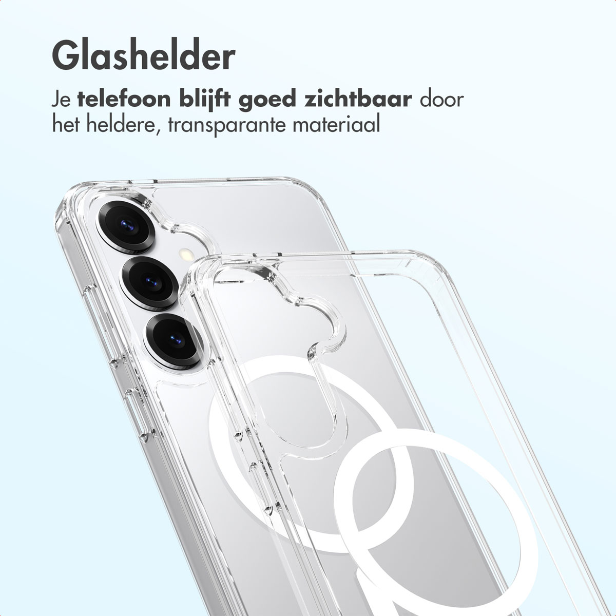 Una custodia trasparente per telefono su uno smartphone, che mostra le lenti della fotocamera. La custodia è trasparente, consentendo la visibilità del telefono.