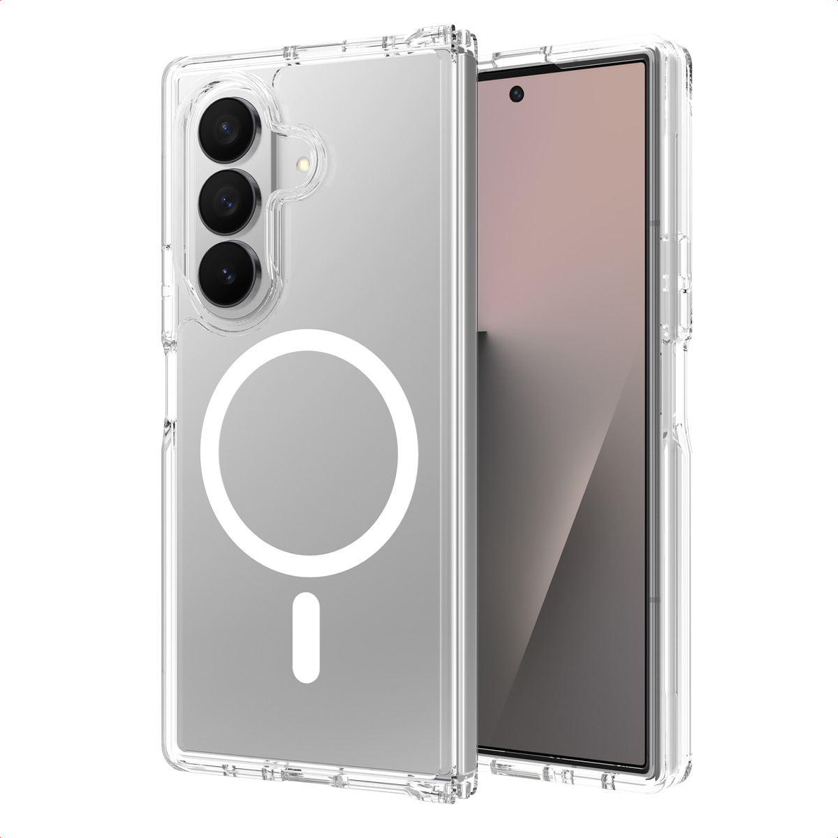 Coque de téléphone transparente avec un téléphone à l'intérieur. Le boîtier a un cercle blanc et un signe moins. L'écran du téléphone est visible.