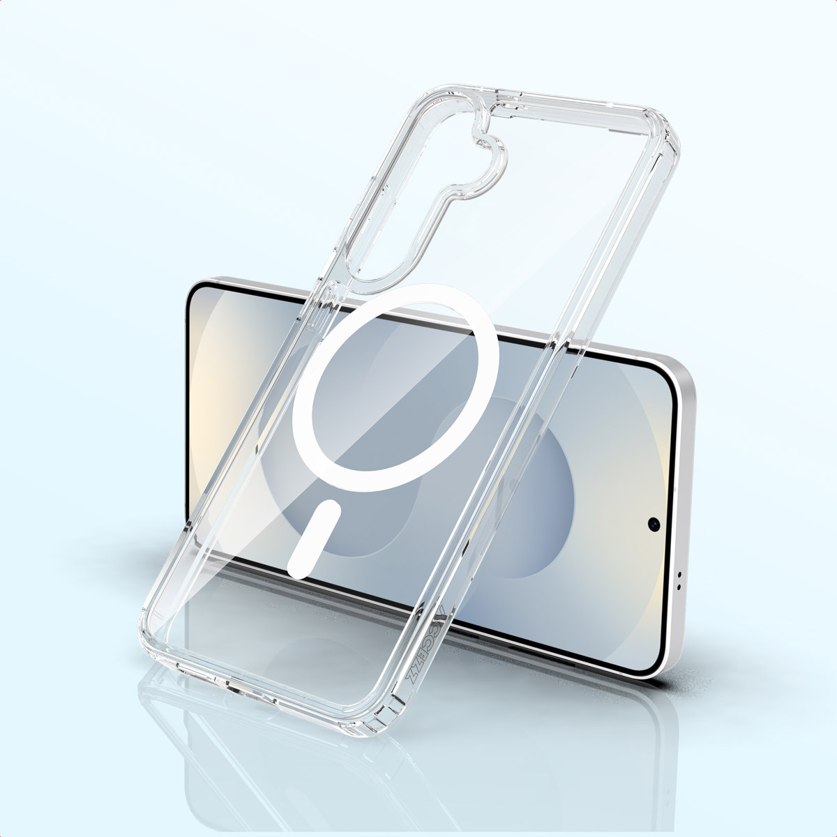 Una custodia trasparente per telefono su uno smartphone. La custodia ha un cerchio bianco e un segno meno. Lo sfondo è una sfumatura blu chiaro.