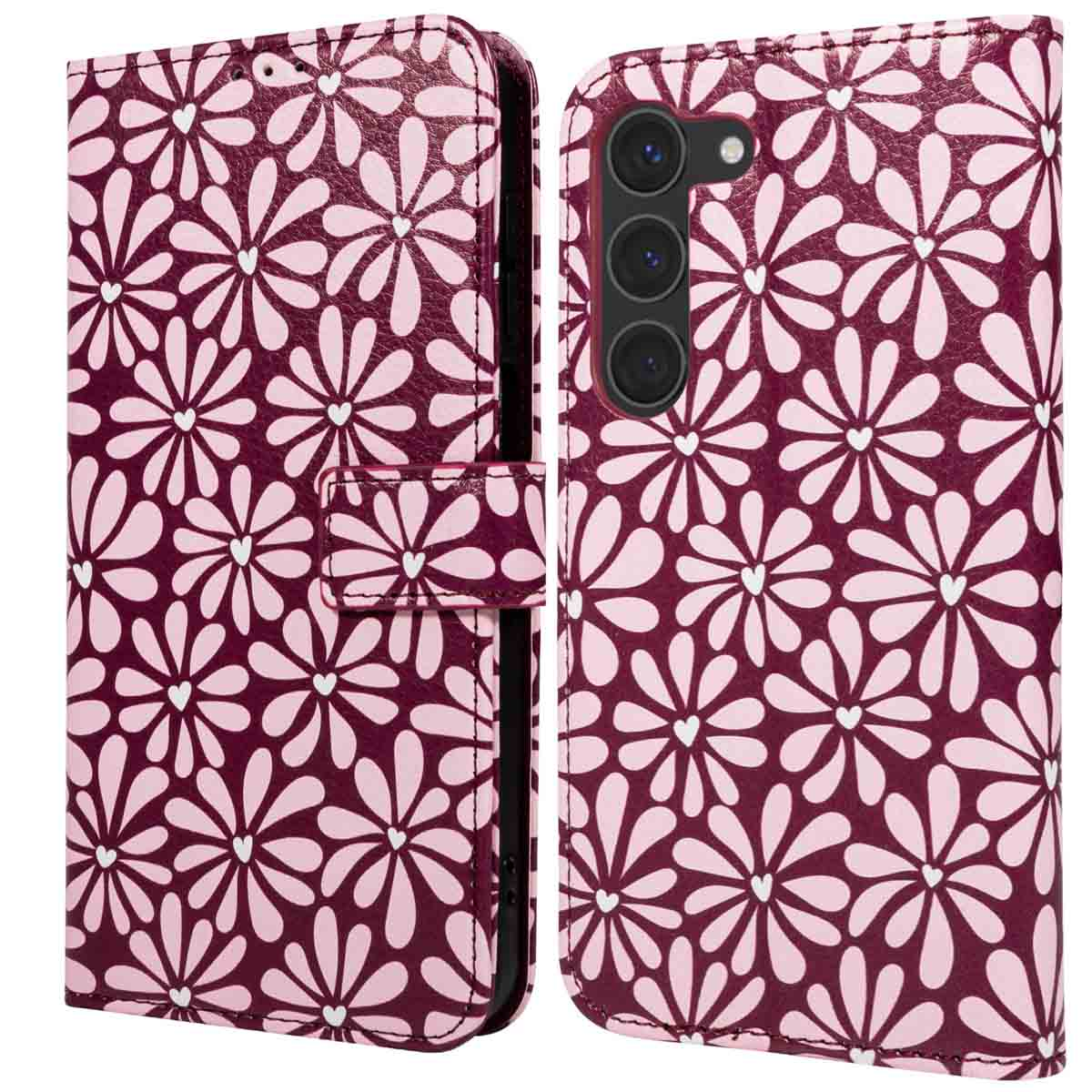 Un étui de téléphone avec un motif floral. Les fleurs sont blanches sur un fond violet foncé. C'est un étui folio.