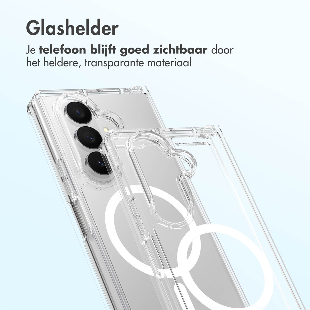 Coque de téléphone transparente, montrant le téléphone avec trois lentilles de caméra. La coque est ouverte, révélant l'arrière.