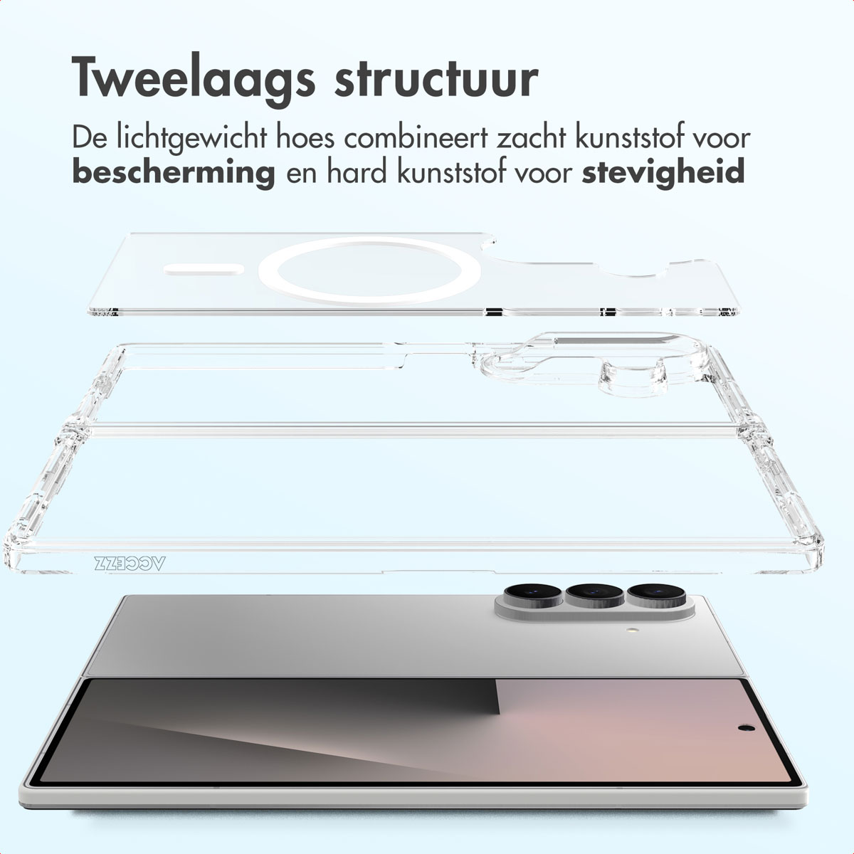Les composants transparents de l'étui du téléphone sont affichés au-dessus d'un téléphone. Le texte indique une structure à deux couches pour la protection et la rigidité.