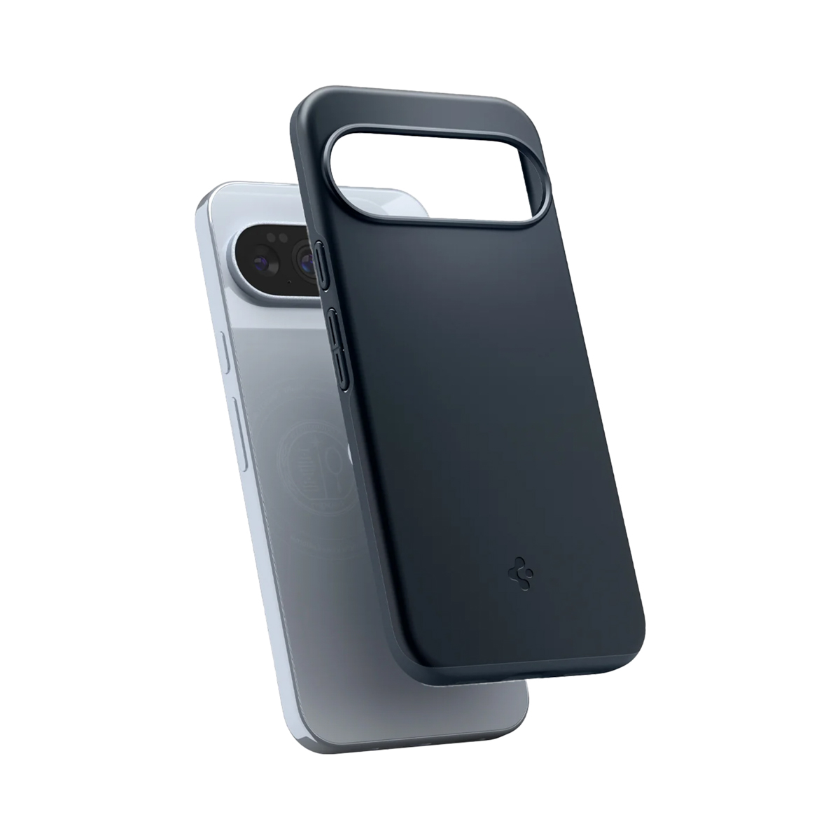 Deux coques de téléphone, une bleu foncé, une autre claire. La coque bleu foncé est devant. Les deux coques sont isolées sur fond blanc.