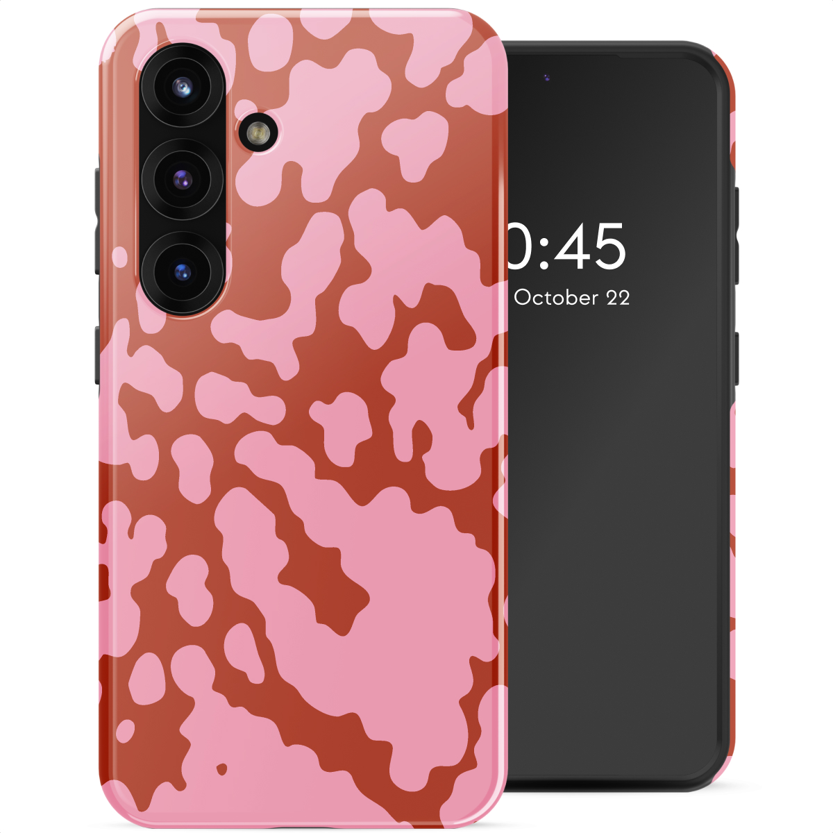 Uno smartphone con custodia a pois rosa e marrone. Lo schermo mostra l'ora 0:45 e la data 22 ottobre.