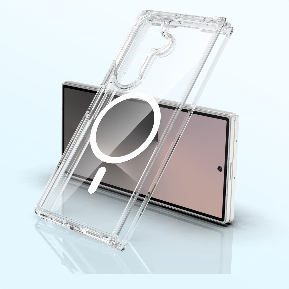 Une coque de téléphone transparente avec une fixation magnétique circulaire blanche est placée sur un smartphone. Le téléphone a un écran et un cadre argenté.