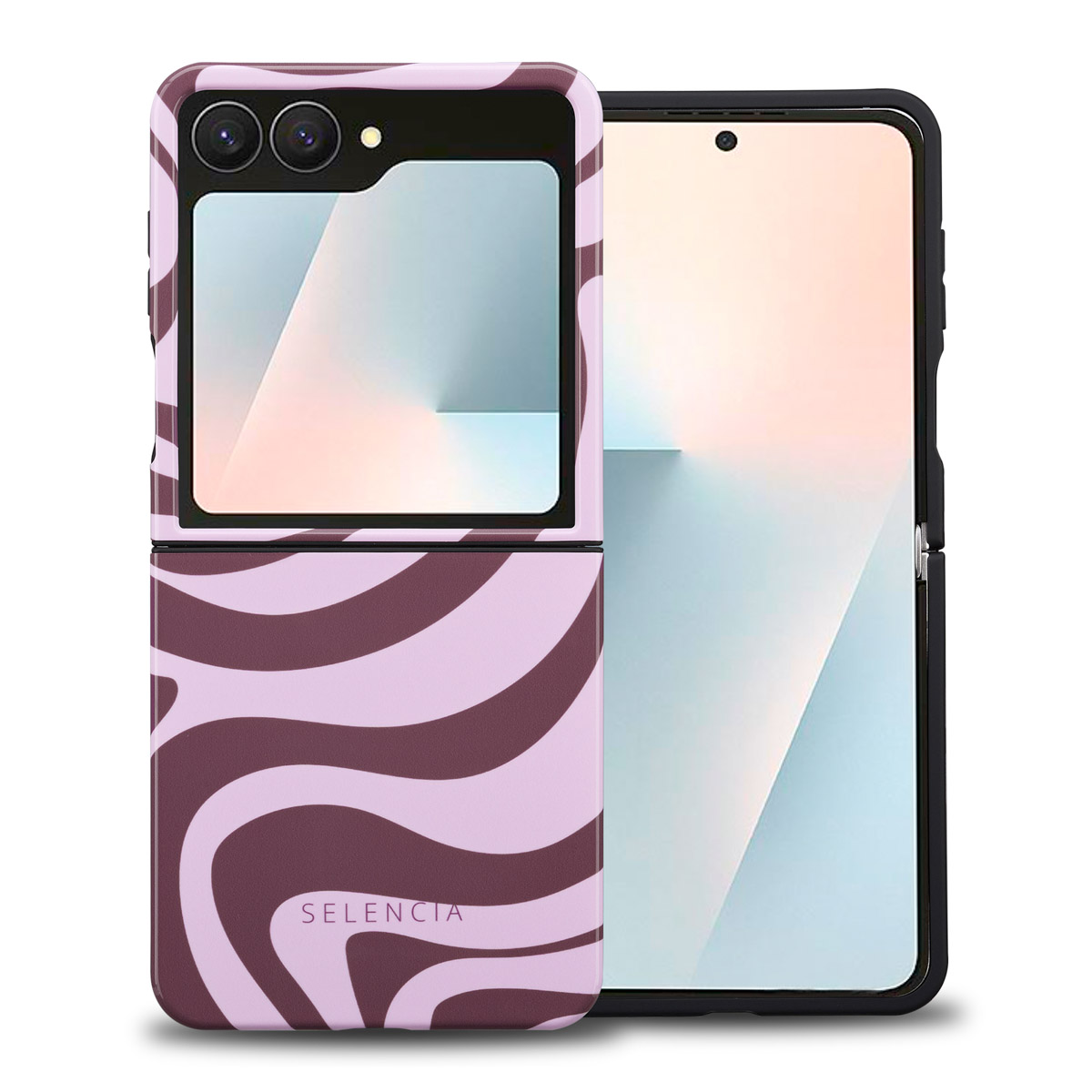 Téléphone pliable avec étui zébré rose et marron. L'écran ouvert affiche un fond clair. L'étui porte le logo SELENCIA.