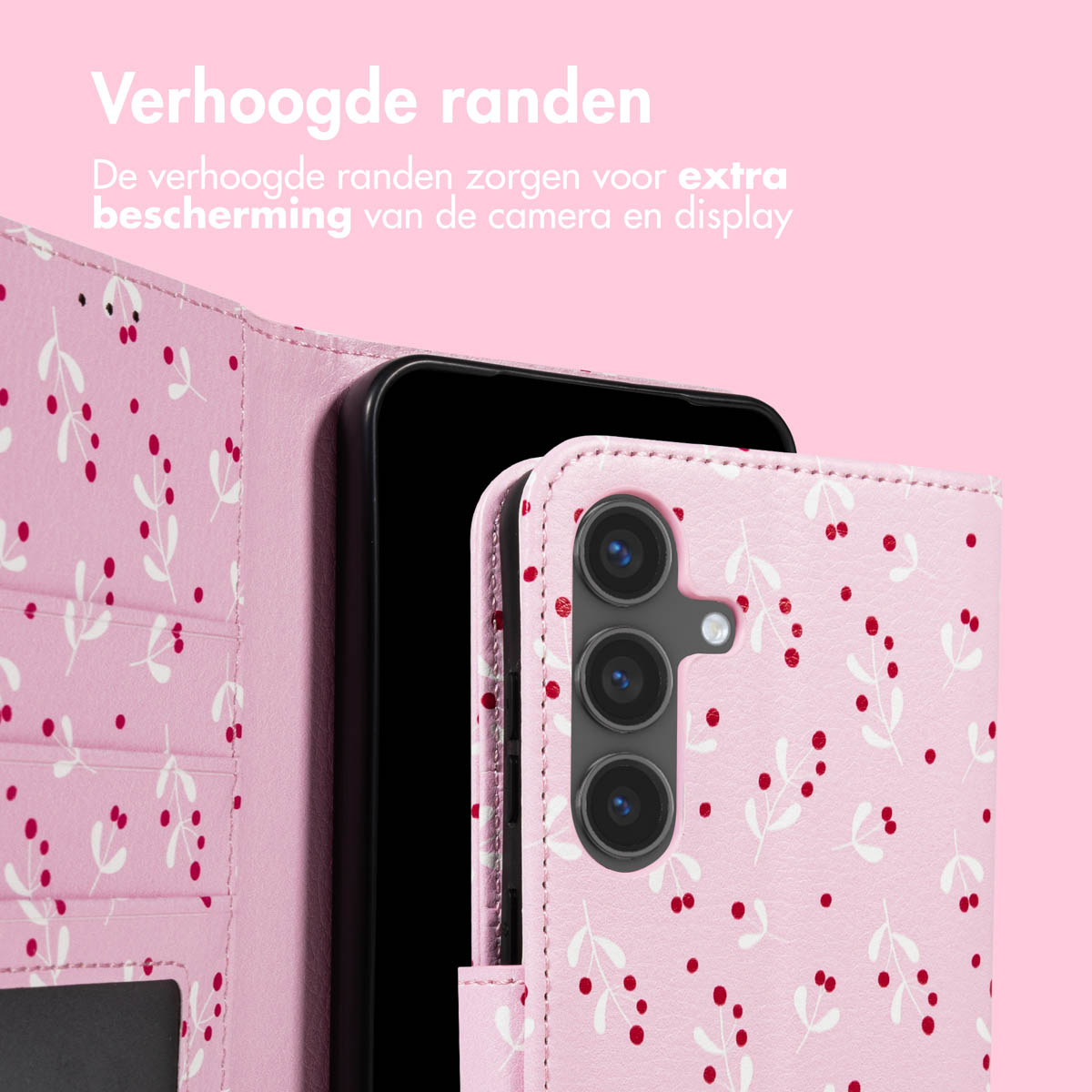 Roze telefoonhoesje met bloemenpatroon. Tekst: 'Verhoogde randen'. Een zwarte telefoon zit erin.