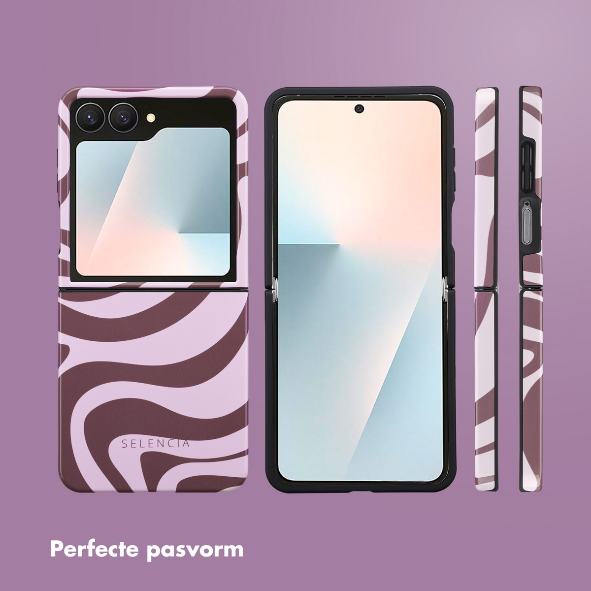 Un téléphone pliable dans un étui à motif de vagues, dans des tons violets. Le téléphone est ouvert, fermé et vu de côté.