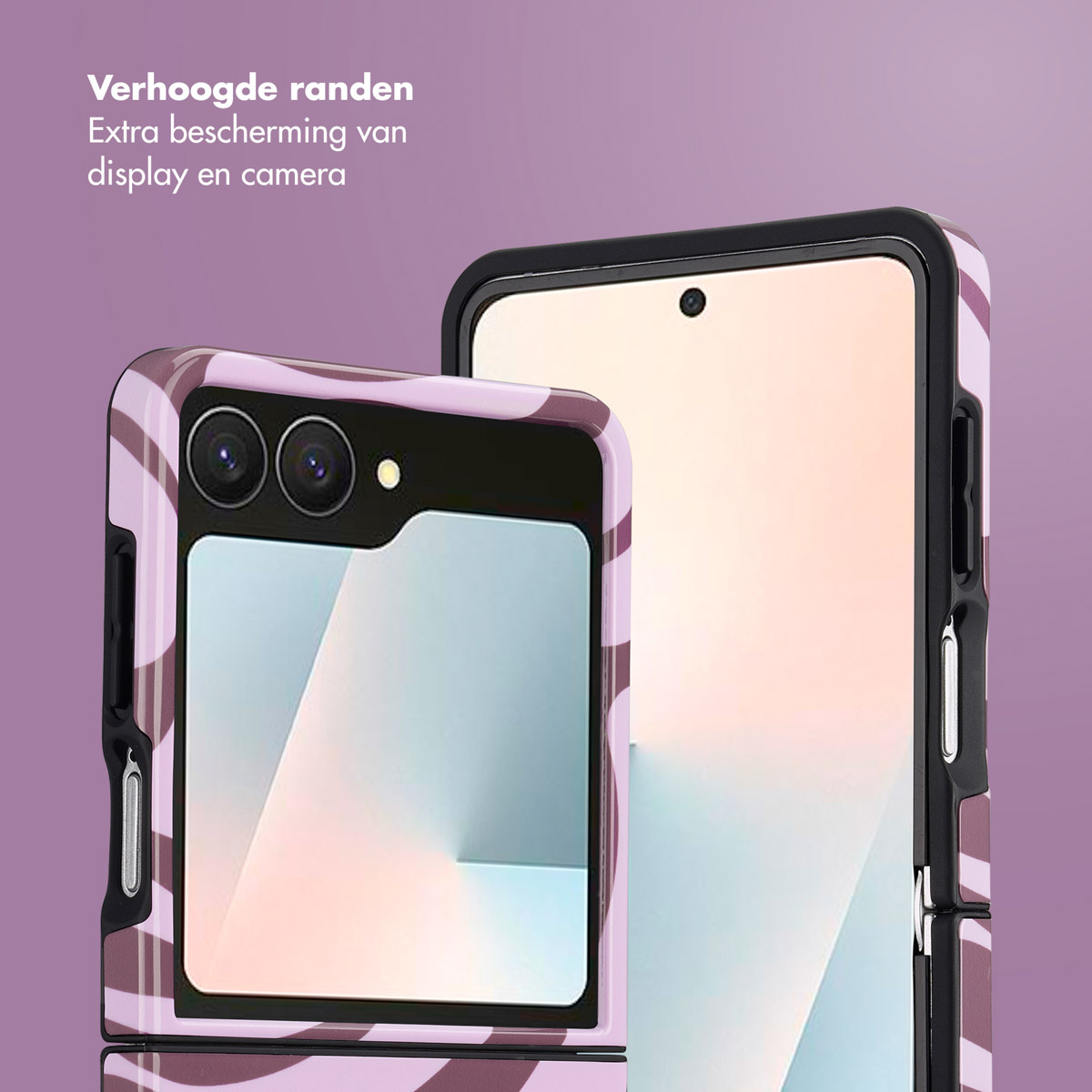 Deux téléphones portables dans des étuis de protection, un ouvert, l'autre fermé. Les étuis ont des motifs d'ondes violettes et blanches. Le fond est violet.