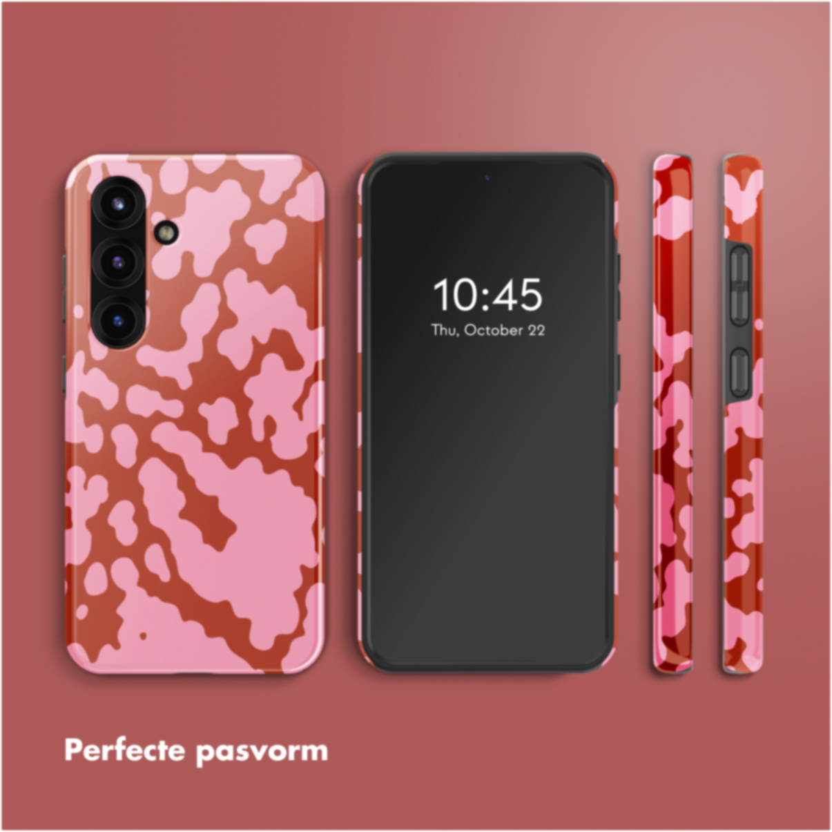 Viene mostrato un telefono con una custodia a fantasia rosa e marrone. Lo schermo mostra l'ora. Vengono mostrate custodie aggiuntive.