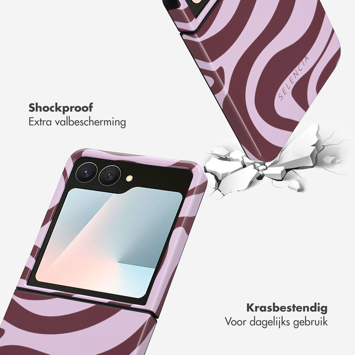 Deux téléphones avec des étuis à rayures zébrées sont présentés. Un téléphone tombe, brisant le sol. Textes : Antichoc, Résistant aux rayures.
