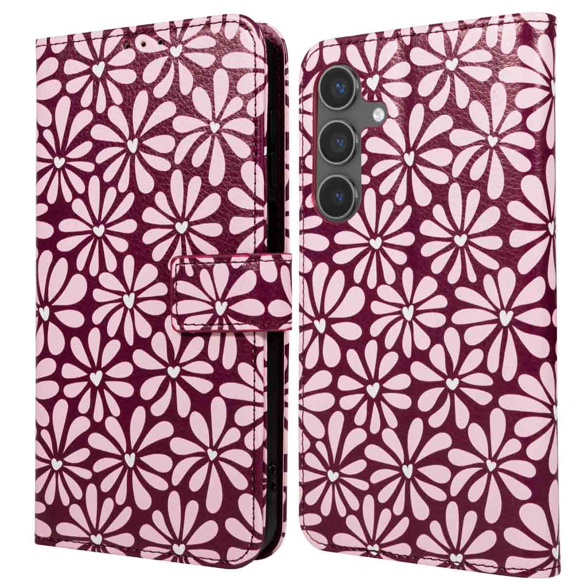 Een telefoonhoesje met een bloemenpatroon. De achtergrond is diep bordeauxrood, met lichtroze bloemvormen.