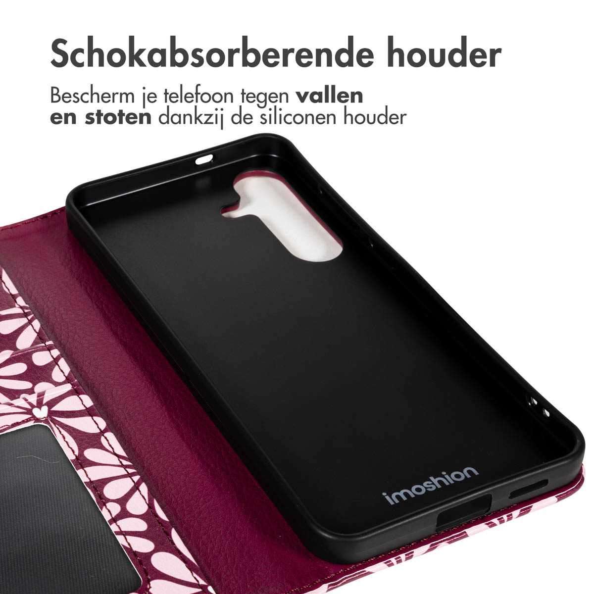 Zwarte telefoonhoes met een bordeauxrode bloemenportemonnee. Nederlandse tekst: 'Schokabsorberende houder'.
