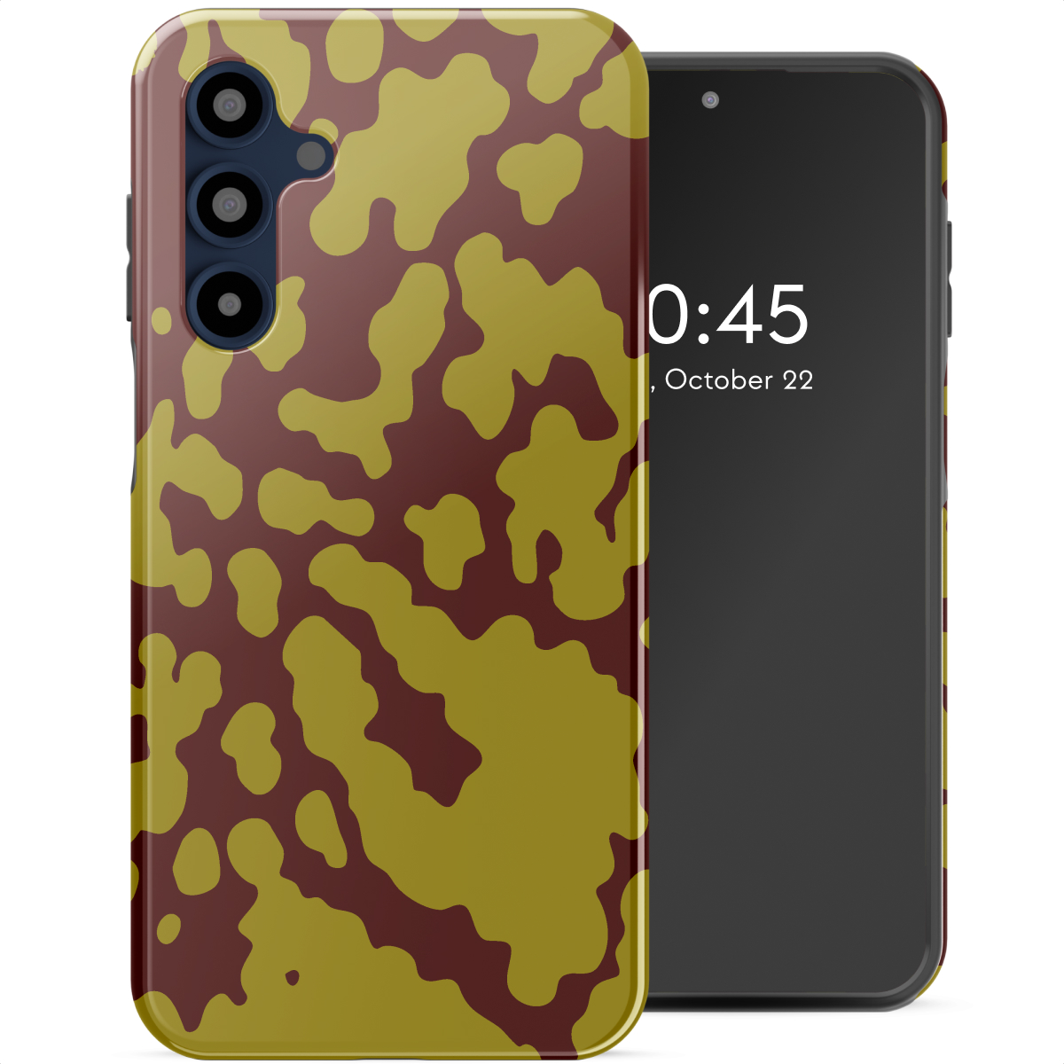Een smartphone met een camouflagepatroonhoes, die de tijd 0:45 op het scherm weergeeft. De hoes is bruin en groen.