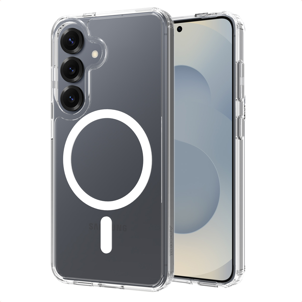 Een doorzichtige telefoonhoes met een wit ring- en balkontwerp, naast een telefoon met een helder scherm. Achtergrond is wit.