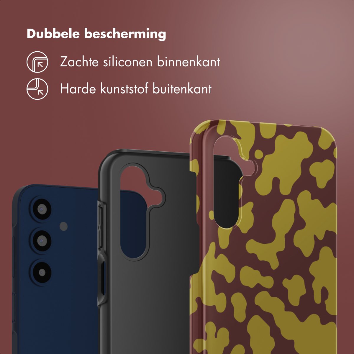 Drie telefoonhoesjes: blauw, zwart en camouflagepatroon. Tekst: 'Dubbele bescherming'. De hoesjes staan op een rode achtergrond.