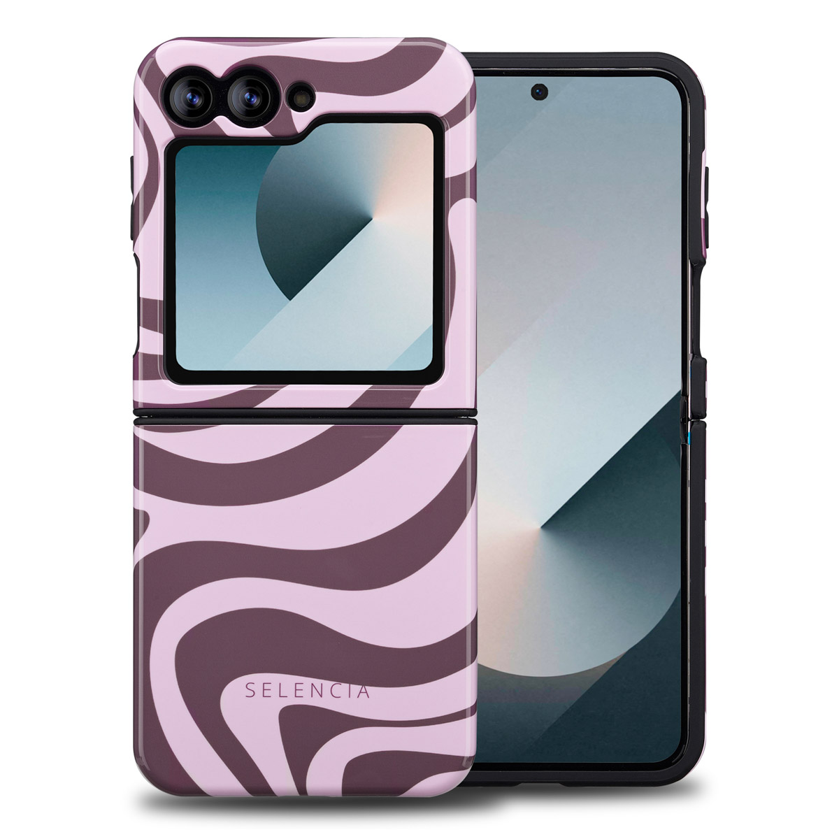 Een opvouwbare telefoon met een patroonhoes. De hoes is roze en bruin met een SELENCIA-logo. Het scherm van de telefoon is zichtbaar.
