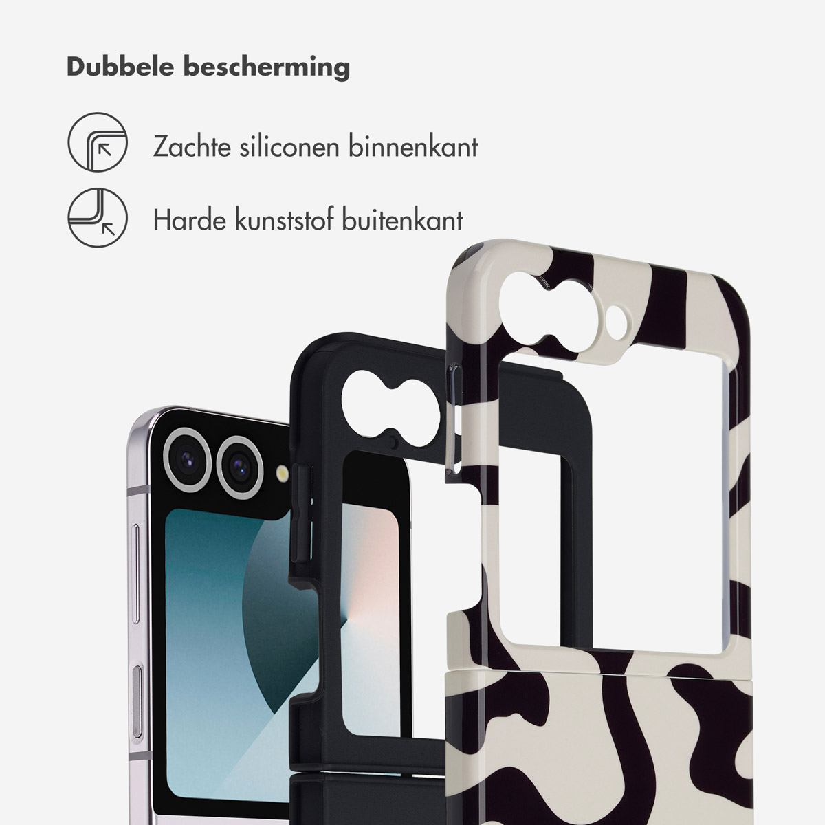 Een telefoonhoesje met een koeienprint ontwerp. De hoes is in stukken en toont een telefoon binnenin. De tekst legt de bescherming uit.