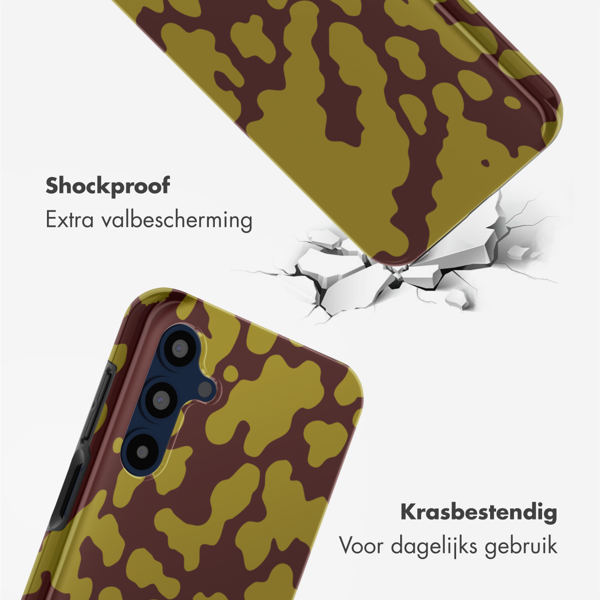 Telefoonhoesjes met camouflagepatroon, bruin en olijfgroen. Eén valt, barst de grond, een andere ligt onder.