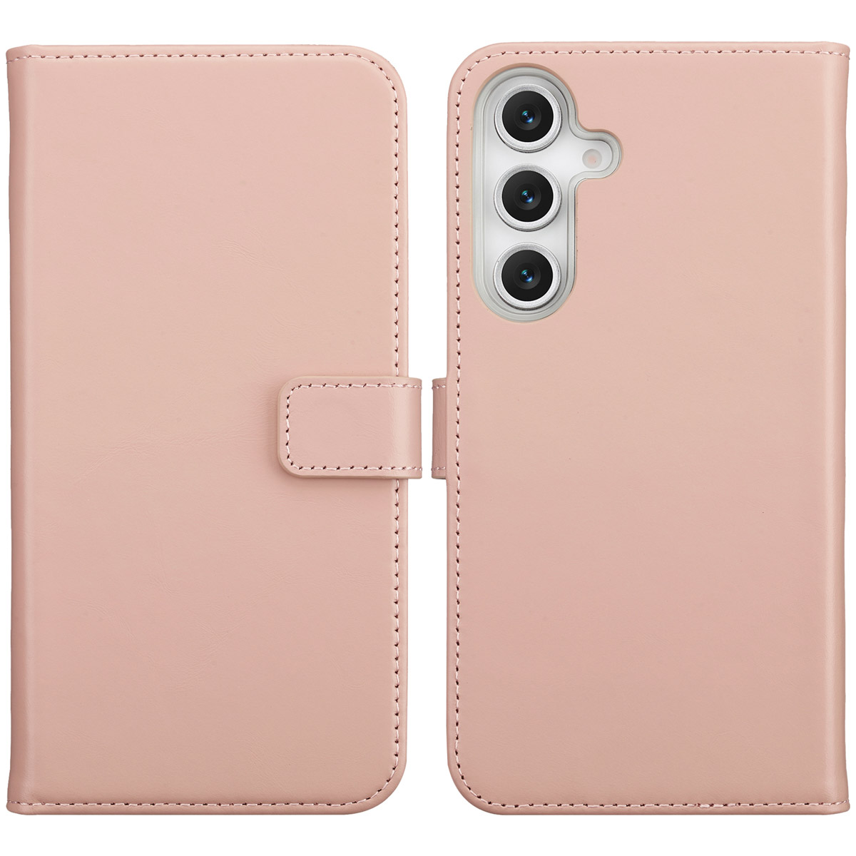 Un étui de téléphone rose, ouvert, montrant l'appareil photo du téléphone et l'intérieur de l'étui. L'étui a une fermeture magnétique.