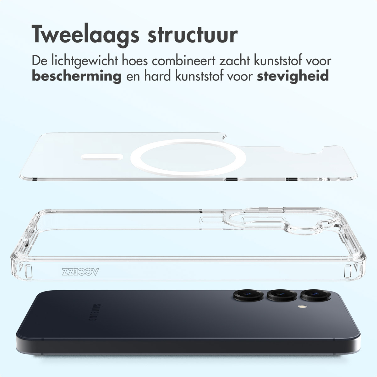 Een telefoon met een doorzichtige hoes in lagen. Tekst: 'Twee-laags structuur'. Een telefoon ligt onder de hoes. De achtergrond is lichtblauw.