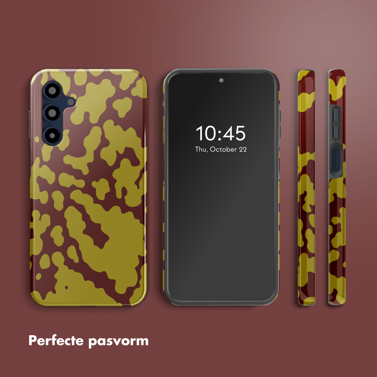 Telefoon met een patroonhoesje. Het patroon bestaat uit gele vormen op een bordeauxrode achtergrond. Het scherm toont de tijd en datum.