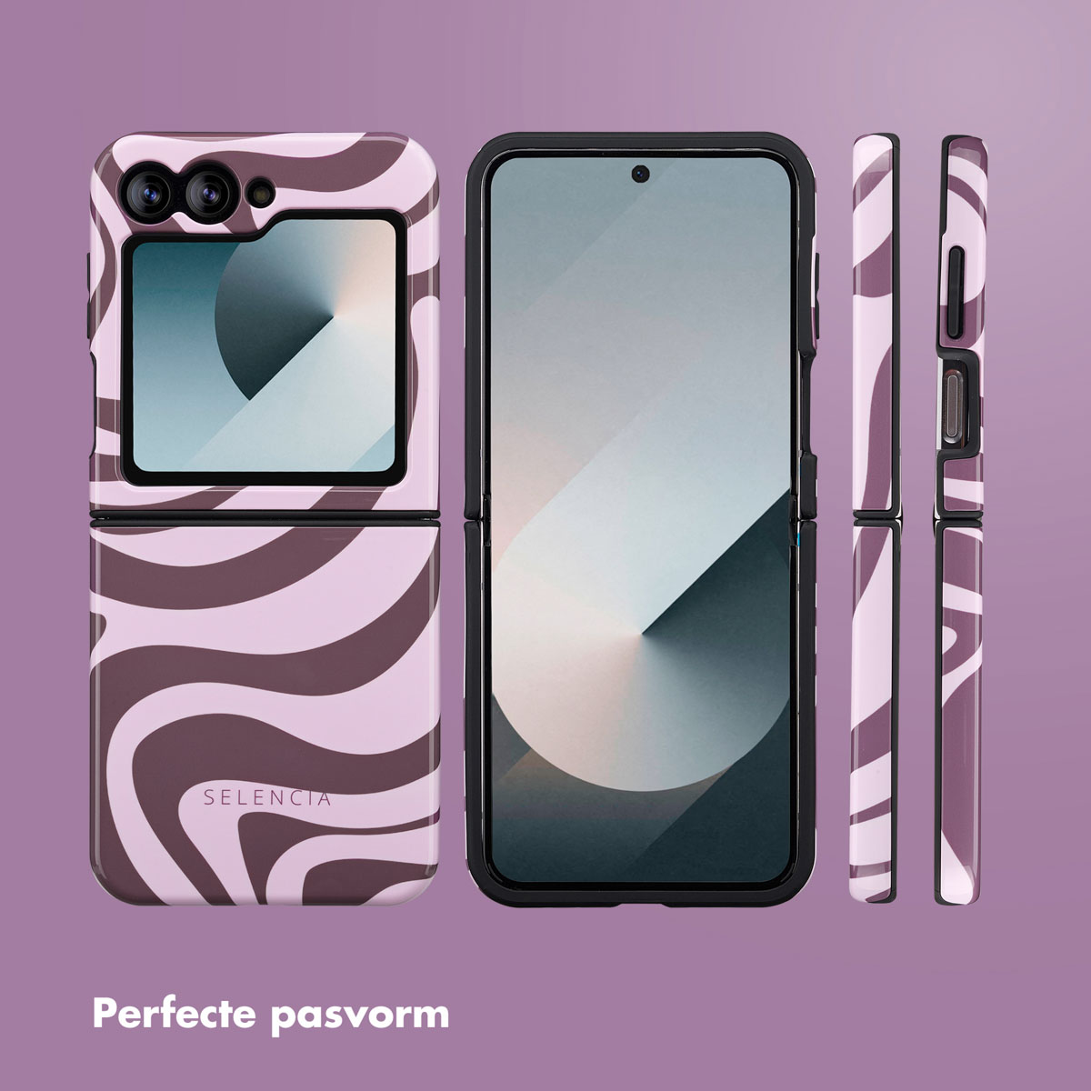 Een opvouwbare telefoon met een hoesje met golfpatroon, in paarse tinten. De telefoon wordt open, dicht en van de zijkant getoond.