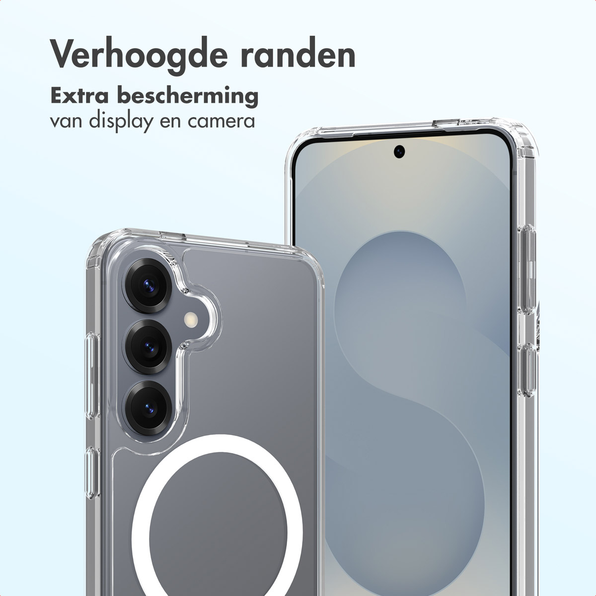 Twee transparante telefoonhoesjes met verhoogde randen om het scherm en de camera te beschermen. Tekst: 'Verhoogde randen. Extra bescherming'.