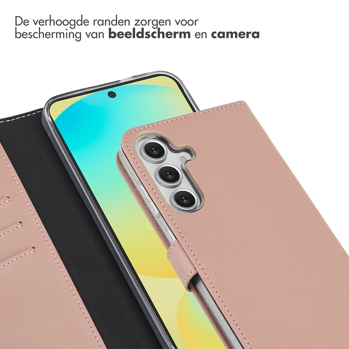 Un étui de téléphone rose avec un téléphone à l'intérieur est affiché. L'étui protège l'écran et la caméra. Intérieur noir avec fentes pour cartes visible.