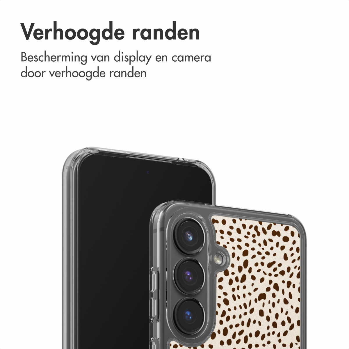 Twee smartphones: één zwart scherm, de andere in een gespikkelde hoes. Tekst bovenaan: 'Verhoogde randen' en 'Bescherming van display en camera'.