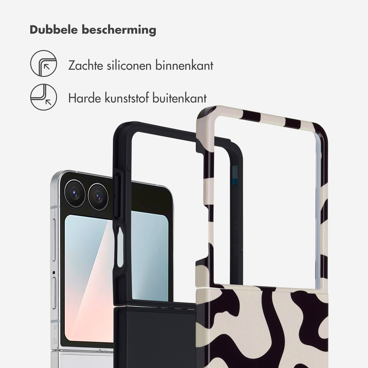 Téléphone dans un étui avec imprimé vache. Texte double protection avec intérieur en silicone souple et extérieur en plastique dur.