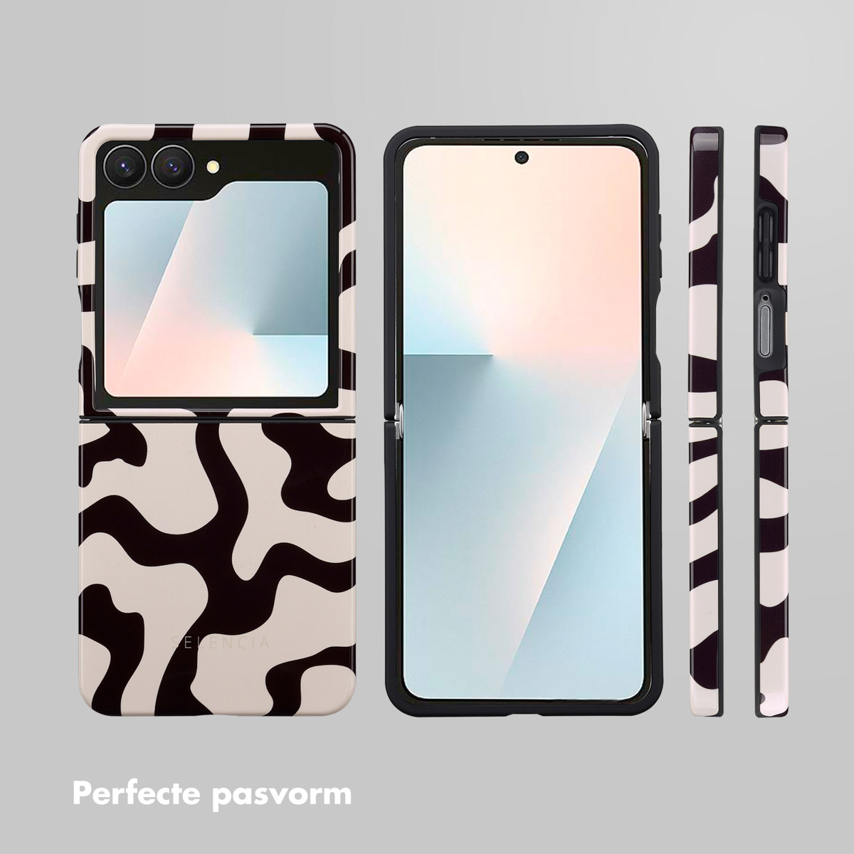 Un téléphone pliable avec un étui à imprimé vache. Un téléphone est ouvert, d'autres montrent différents côtés. Le fond est gris clair.