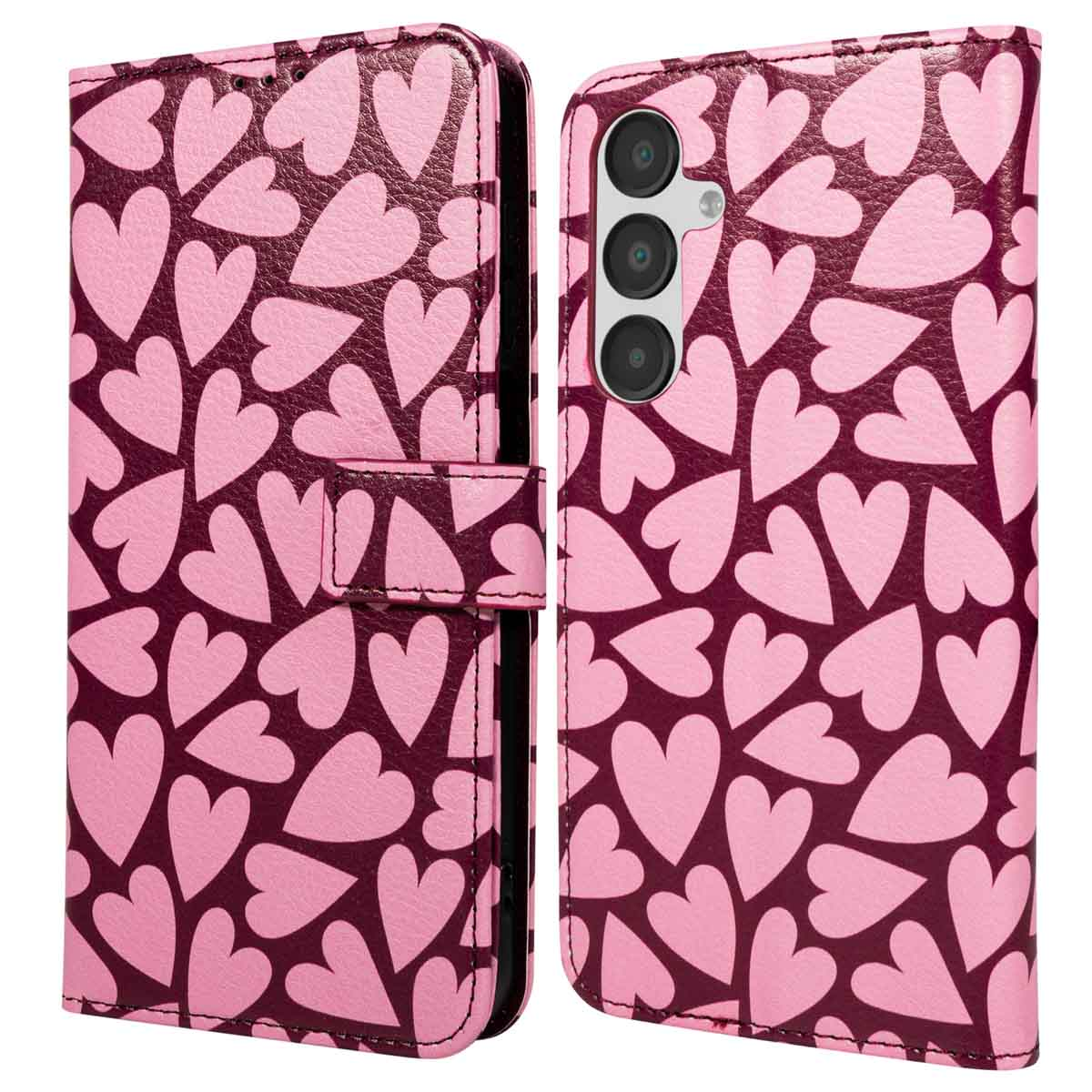 Een telefoonhoesje met een roze hartpatroon op een donkerroze achtergrond. Het is een portemonnee-hoesje met een sluiting.