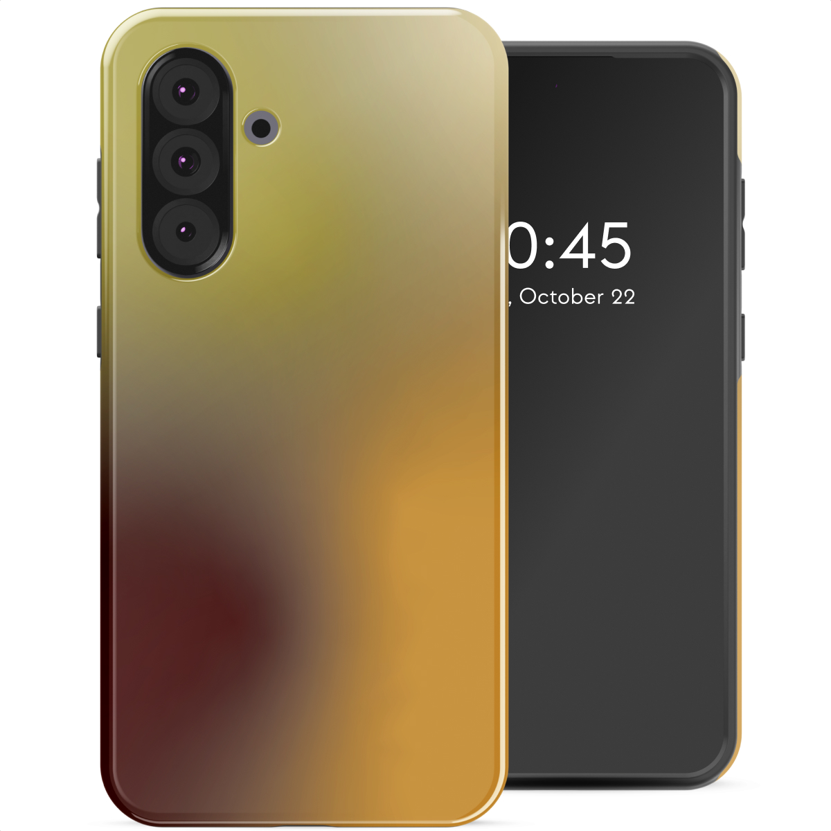 Uno smartphone con una custodia sfumata gialla e marrone e uno schermo nero che mostra l'ora e la data.